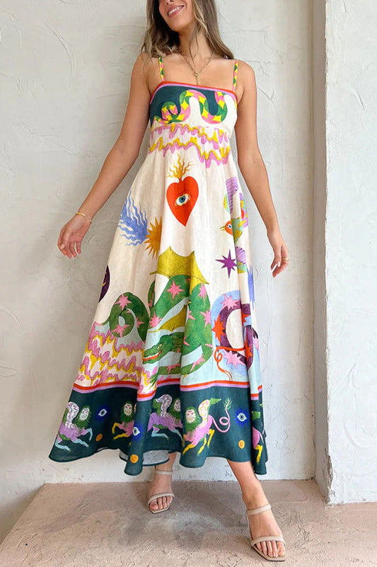 CM | Feel Effortlessly Vestido midi con espalda fruncida en mezcla de lino y estampado único