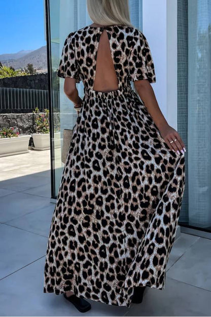 CM | Leopardo Caqui Cuello en V Cintura Alta Espalda Abierta Maxi Vestido
