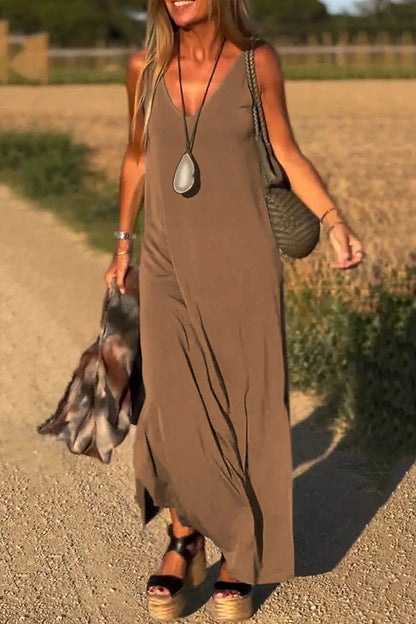 CM | Color Sólido Cuello en V Vestido Maxi Casual Sin Mangas