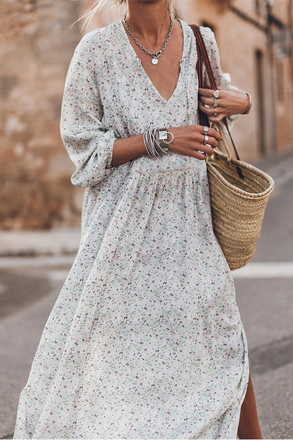 CM | Maxivestido floral multicolor con cuello en V y aberturas