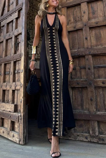 CM | Meret Oro Estampado Geométrico Maxi Vestido Estirado Sin Espalda con Halter