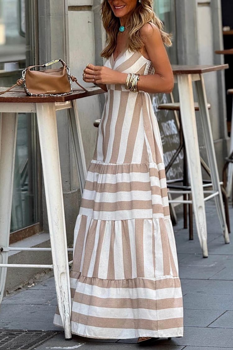 CM | maxi vestido de verano con estampado de rayas y volantes sin espalda