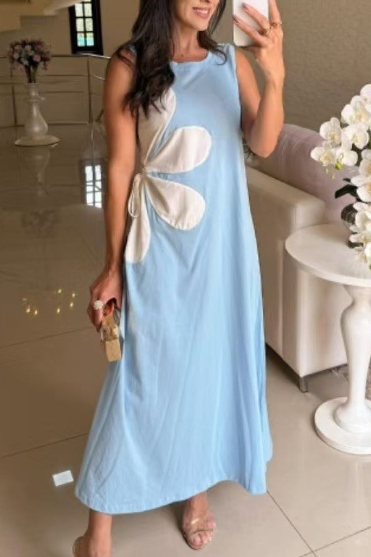 CM | Color Sólido Cuello Redondo Floral Maxi Vestido