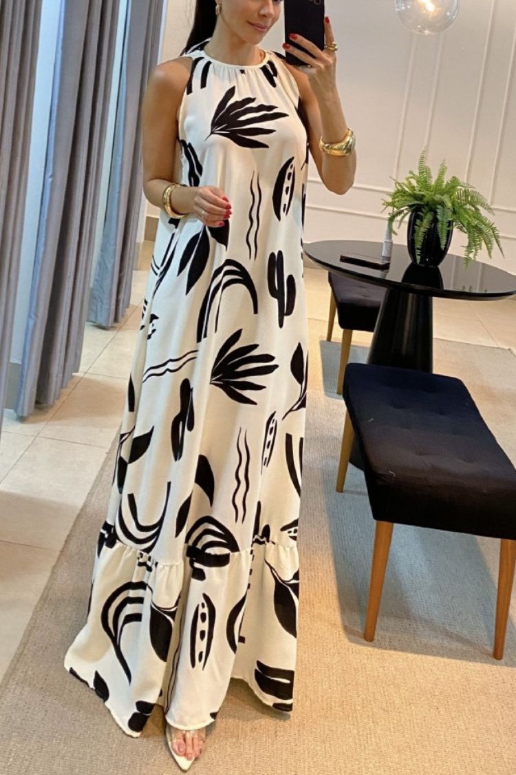 CM | Escote redondo Vestido maxi estampado sin mangas
