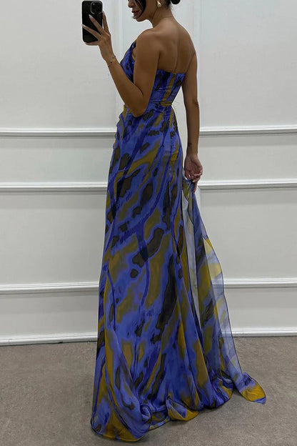 CM | Amazing Views Acuarela Imprimir Pluma Rosa Detalle Off Shoulder Plisado Hendidura Maxi Vestido