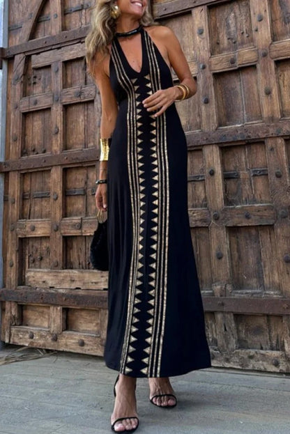 CM | Meret Oro Estampado Geométrico Maxi Vestido Estirado Sin Espalda con Halter