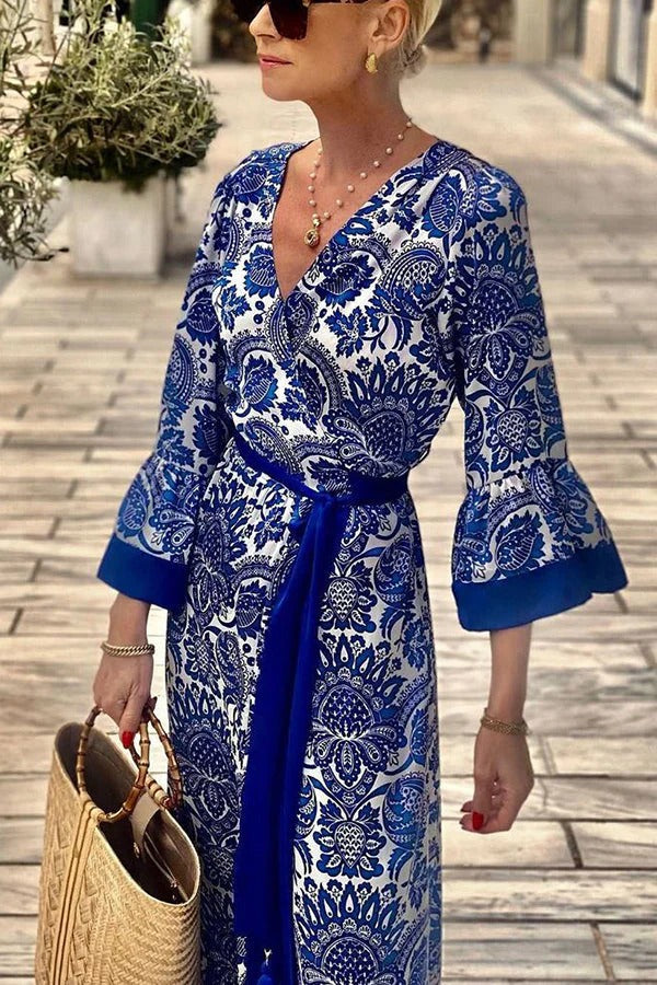 CM | Greek Island Satén Cinturón de borlas estampado floral único Maxi vestido de aspecto envolvente