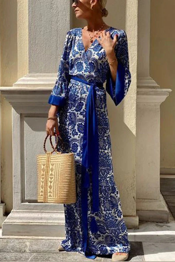 CM | Greek Island Satén Cinturón de borlas estampado floral único Maxi vestido de aspecto envolvente