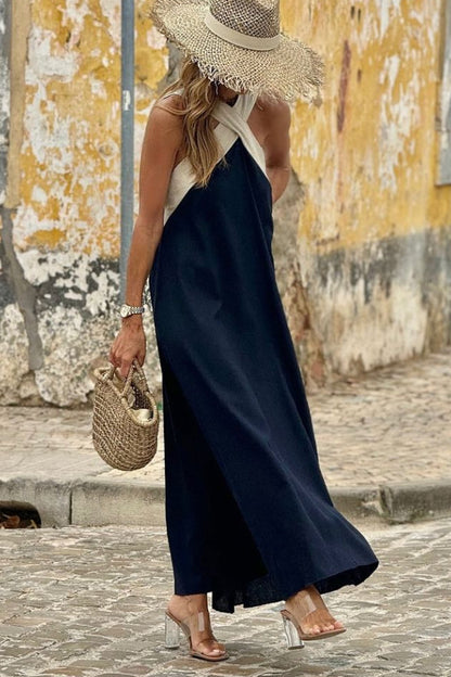 CM | Cuello Halter Acampanado Maxi Vestido Colorblock