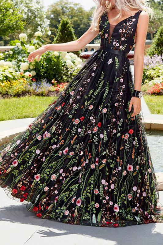 CM | 3D Floral con escote en V y espalda abierta maxi vestido