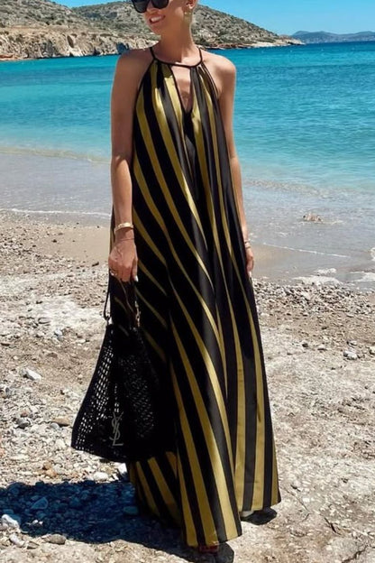 CM | Estampado de rayas Cuello en V Vestido maxi holgado de vacaciones en la playa