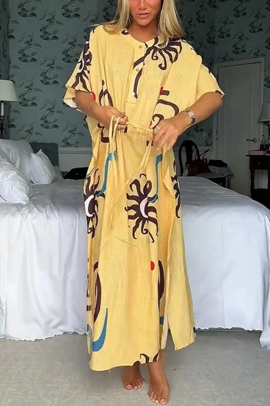 CM | Helia Mezcla de Lino Estampado Único Maxi Vestido Kaftan con Cintura con Cordón