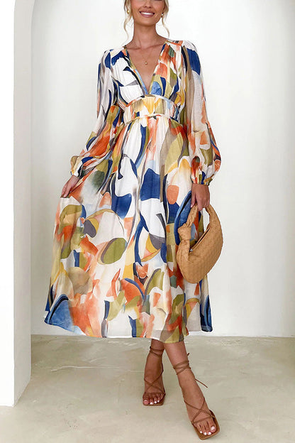 CM | Eclipse Season maxi vestido estampado de manga larga con mangas fluidas