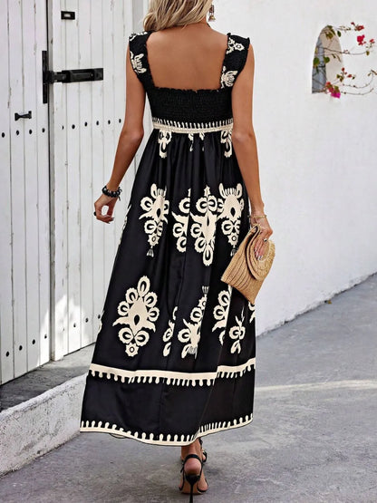 CM | maxi vestido estampado con tirantes anchos y fruncidos