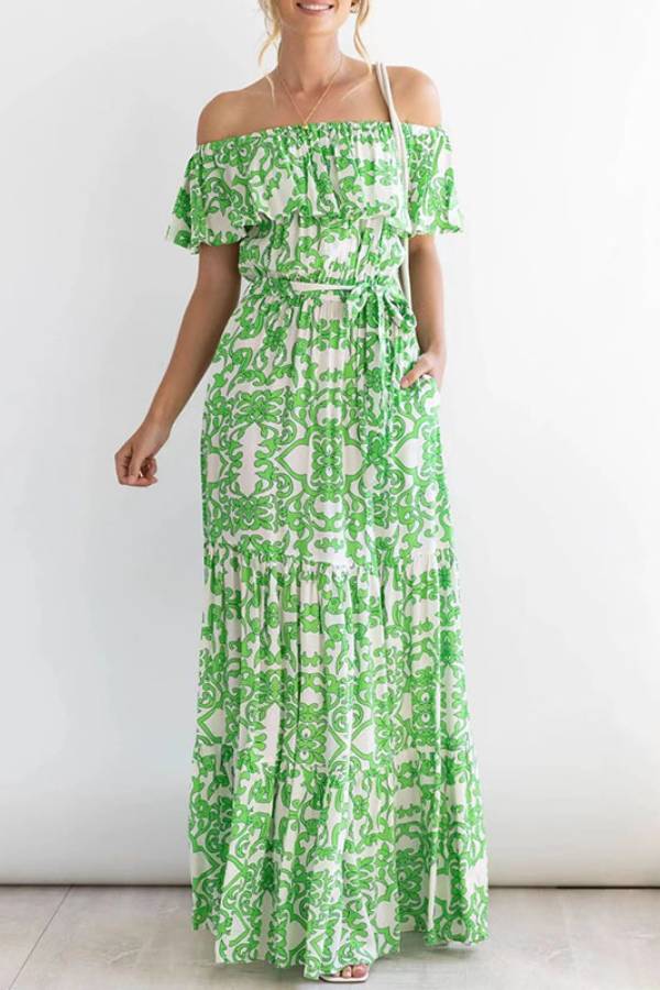 CM | Maxi vestido de manga corta con hombros al descubierto y estampado de volantes