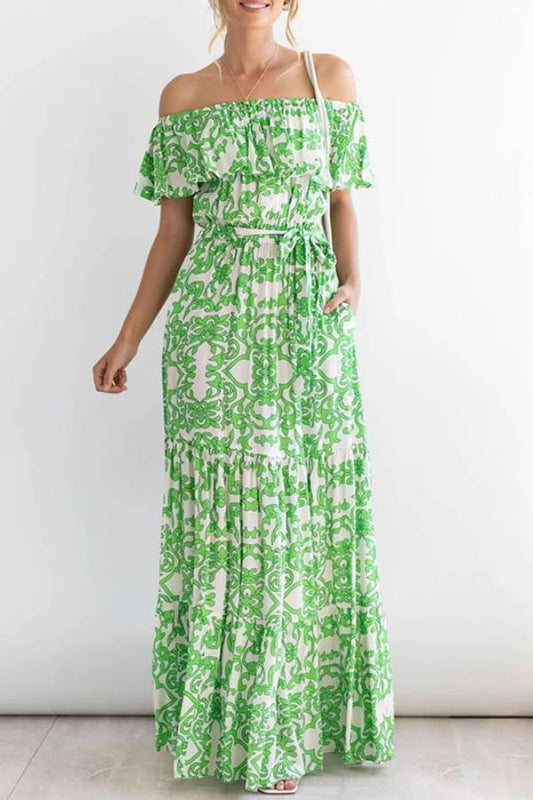 CM | Maxi vestido de manga corta con hombros al descubierto y estampado de volantes