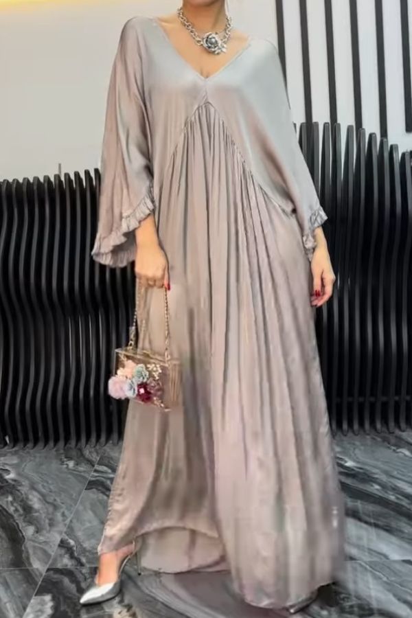 CM | satén color sólido v cuello hoja de loto mangas sueltas plisado maxi vestido
