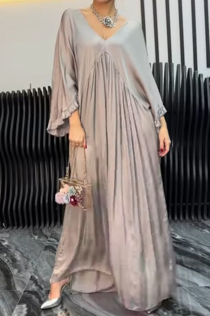 CM | satén color sólido v cuello hoja de loto mangas sueltas plisado maxi vestido