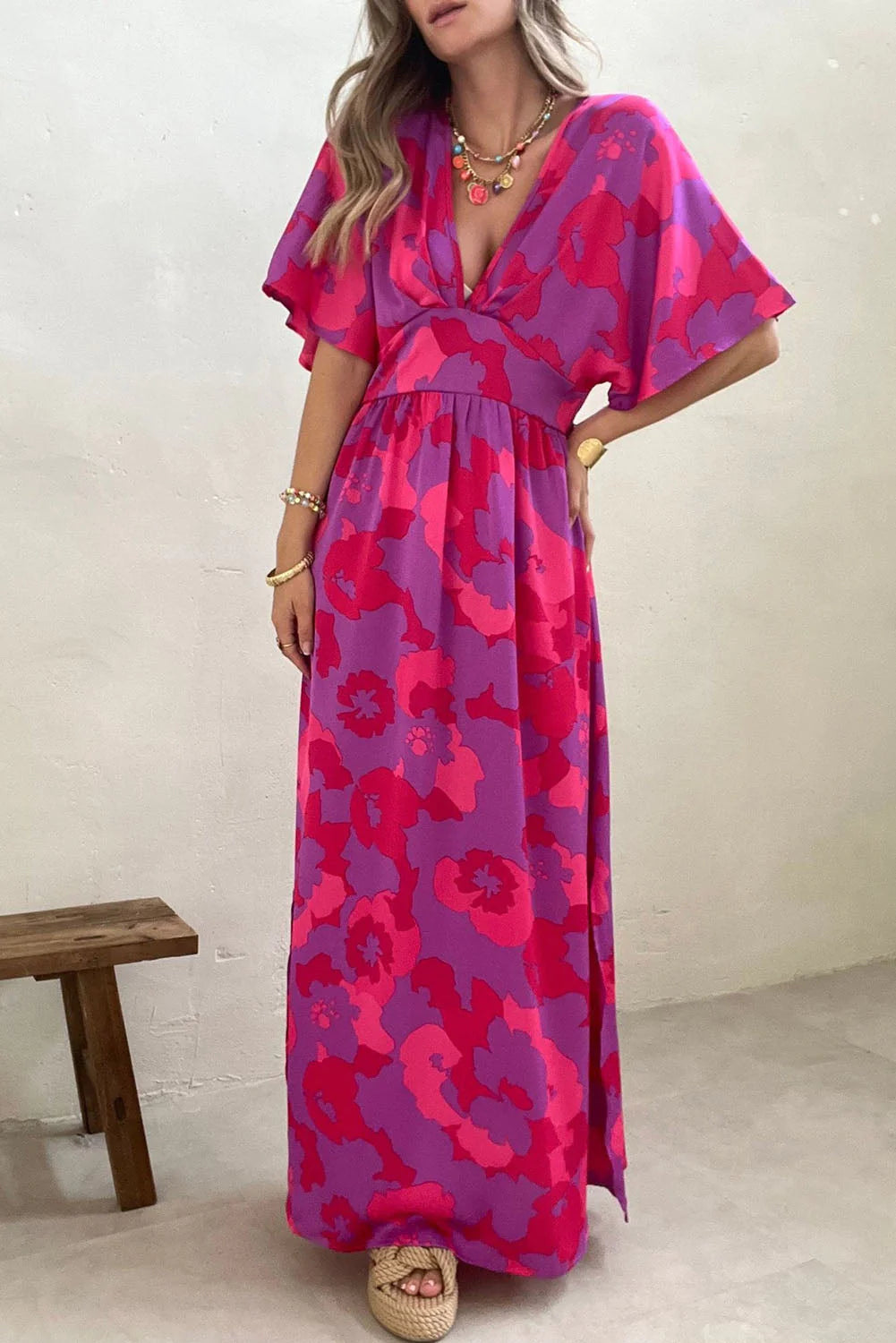 CM | Rosa Estampado Floral Abstracto Cuello en V Dolman Maxi Vestido