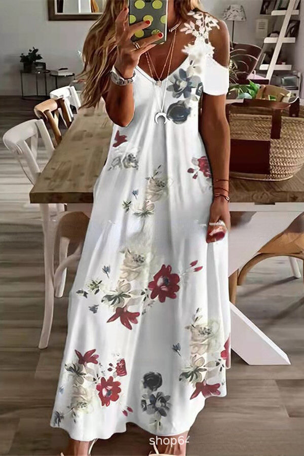 CM | Viana maxi vestido estampado de encaje de color contrastado con mangas rectas