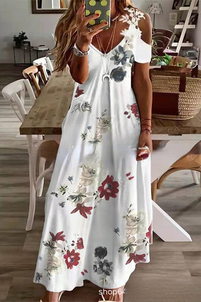 CM | Viana maxi vestido estampado de encaje de color contrastado con mangas rectas