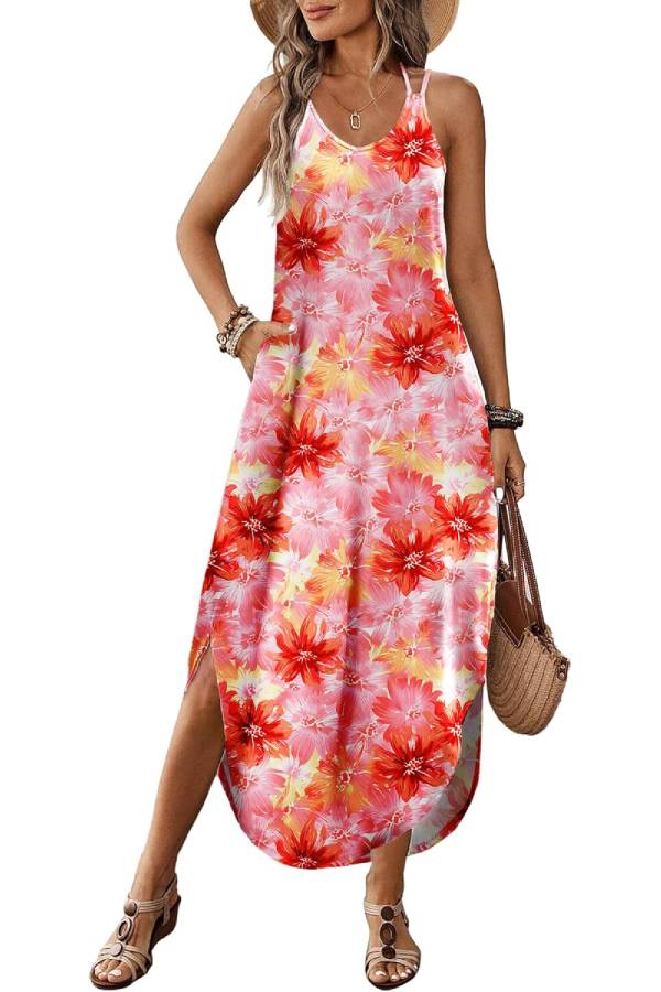 CM | Casual V-cuello halter hendidura bohemio playa resort maxi vestido