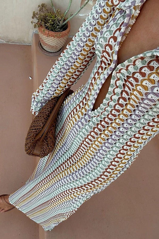 CM | Bondi beach tejido de punto con estampado de olas de colores maxi vestido de vacaciones de manga larga