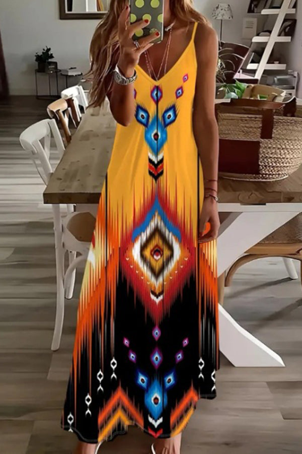 CM | Maxi Vestido Suelto con Tirantes en V y Estampado Único