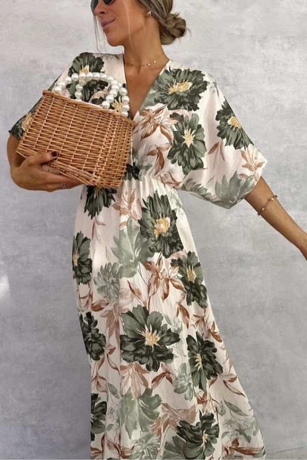 CM | Retro Cuello en V Impreso Manga Corta Cintura Largo Maxi Vestido