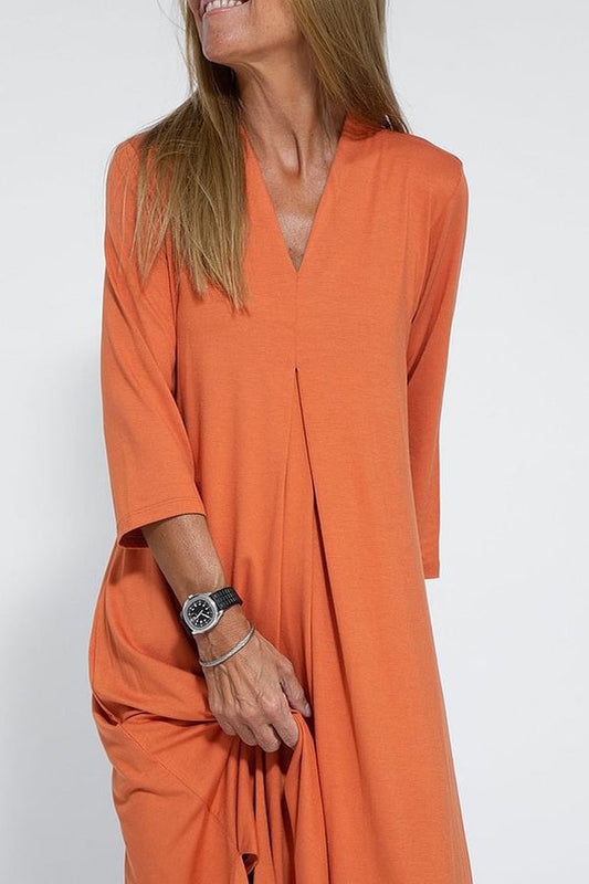 CM | moda color sólido cuello en v manga tres cuartos vestido largo de punto hendidura