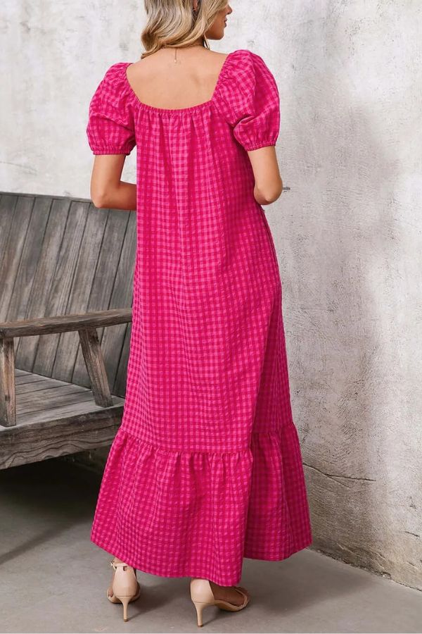CM | maxi vestido a cuadros con mangas abullonadas y escote cuadrado