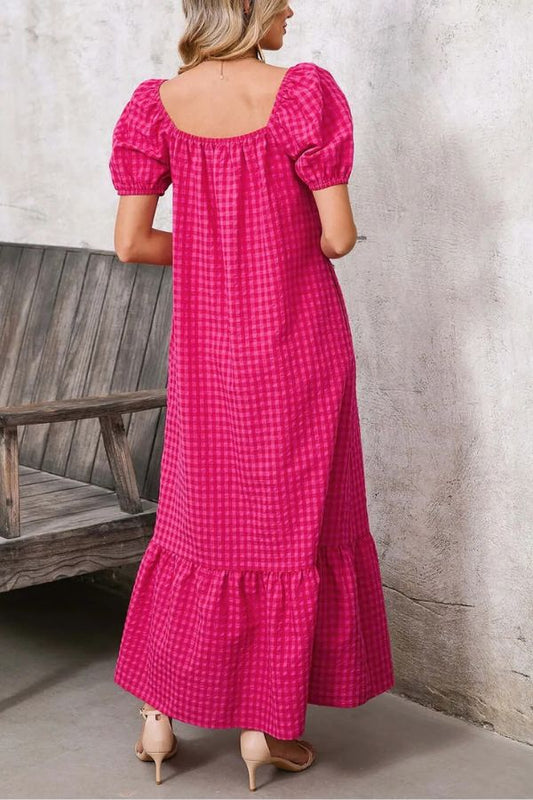 CM | maxi vestido a cuadros con mangas abullonadas y escote cuadrado
