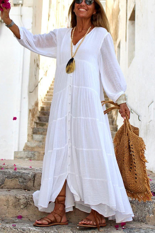 CM | Seraphina maxi vestido en mezcla de algodón y lino con cierre de botones