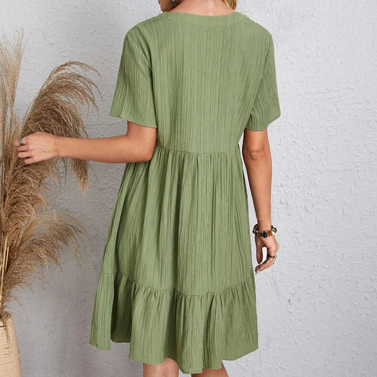 CM | Verano Sólido Vestido Mujeres Casual Bohemio V Cuello Manga Corta Ruffle Loose A Line Mini Vestido para Elegante Días de Playa
