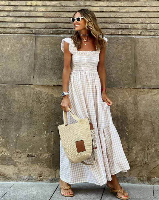 CM | Maxi vestido con mangas de volantes y volantes a cuadros