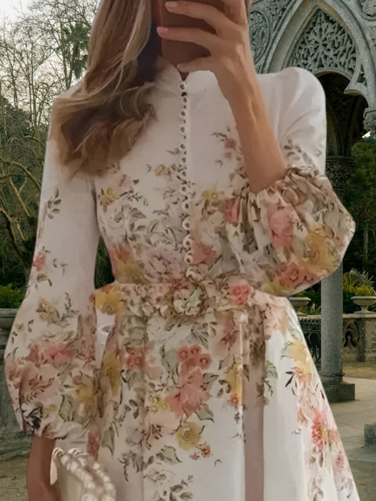 CM | Mini Vestido Floral con Detalles de Botones Manga Larga