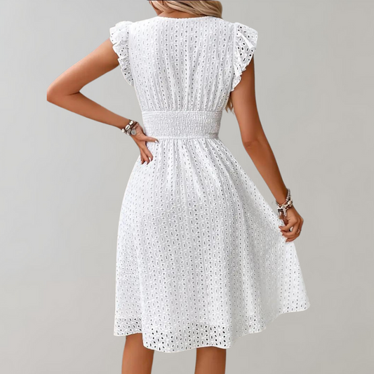 CM | elegante vestido midi para mujer con mangas fruncidas
