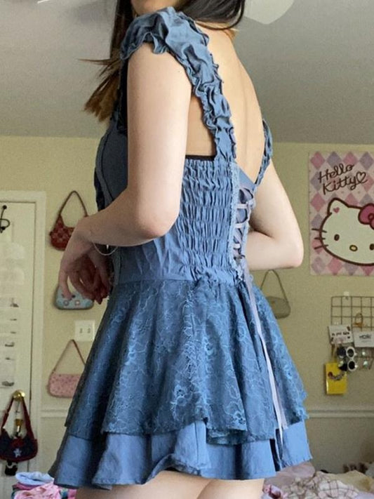 CM | Mini vestido de encaje patchwork con tirantes a rayas