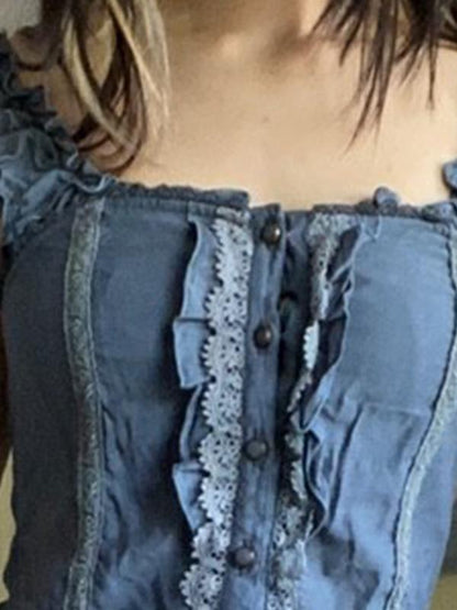 CM | Mini vestido de encaje patchwork con tirantes a rayas