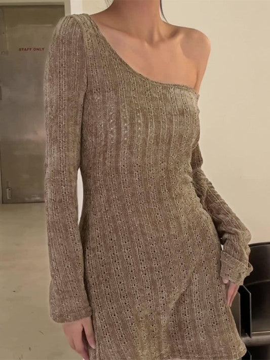 CM | Vintage mini vestido jersey manga larga marrón