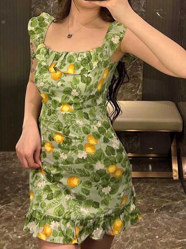 CM | Vintage Ruffle Mini Vestido Verde