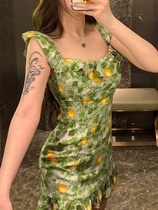 CM | Vintage Ruffle Mini Vestido Verde
