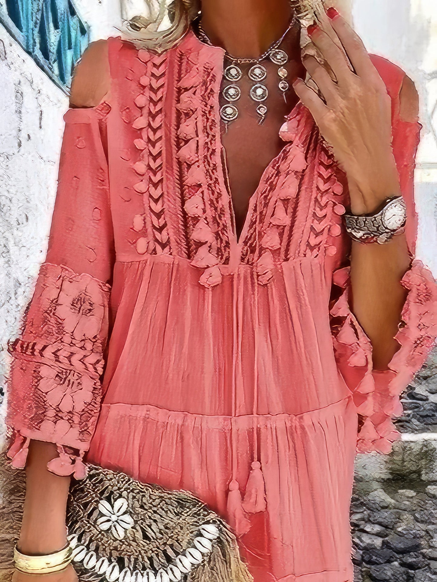 CM | Fashion Minivestido de encaje con flecos y cuello en V