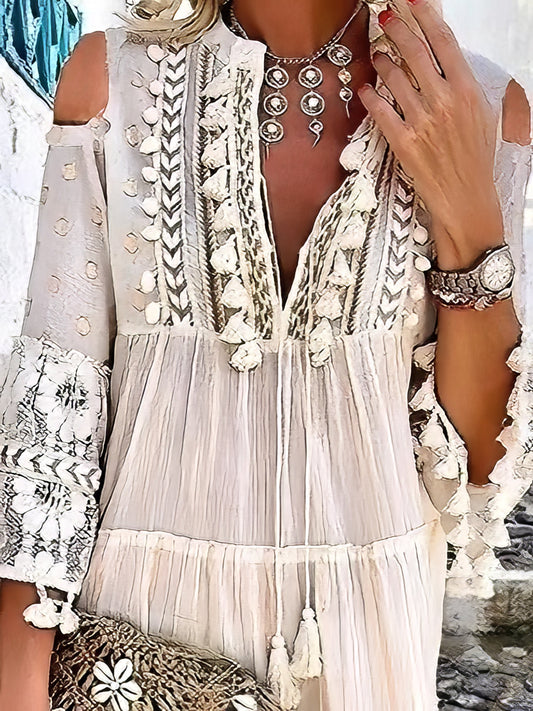 CM | Fashion Minivestido de encaje con flecos y cuello en V