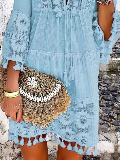 CM | Fashion Minivestido de encaje con flecos y cuello en V