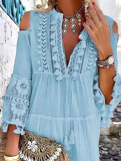 CM | Fashion Minivestido de encaje con flecos y cuello en V