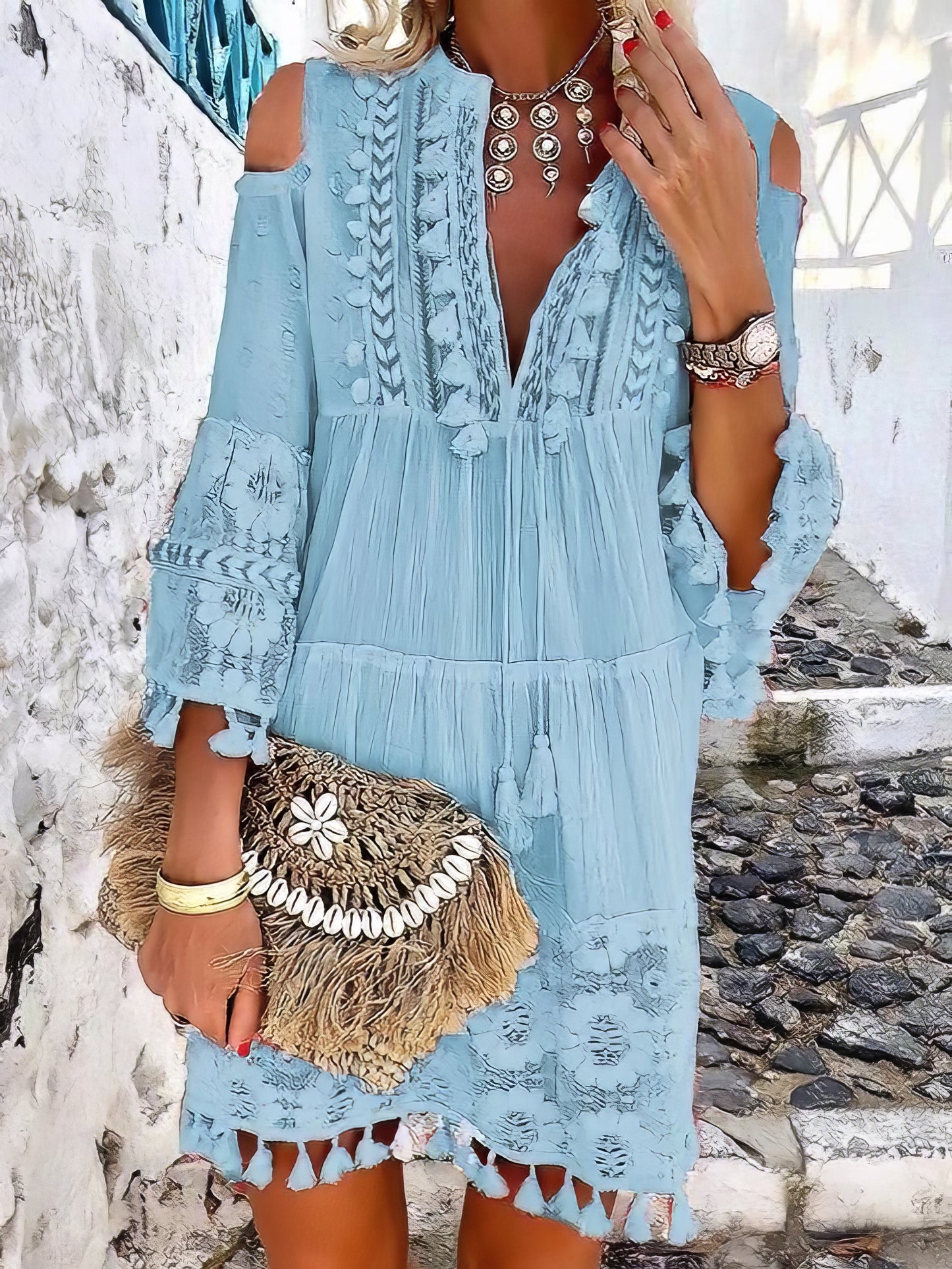 CM | Fashion Minivestido de encaje con flecos y cuello en V