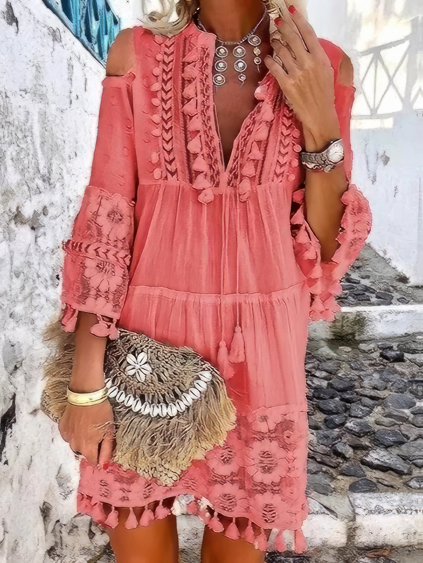 CM | Fashion Minivestido de encaje con flecos y cuello en V
