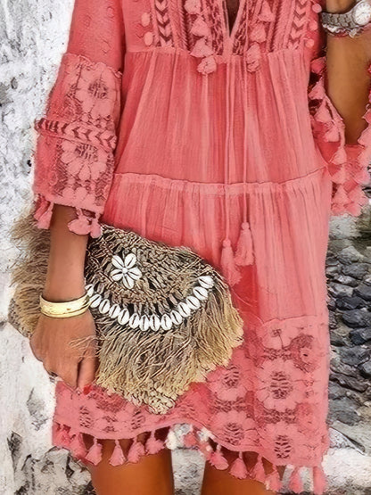 CM | Fashion Minivestido de encaje con flecos y cuello en V