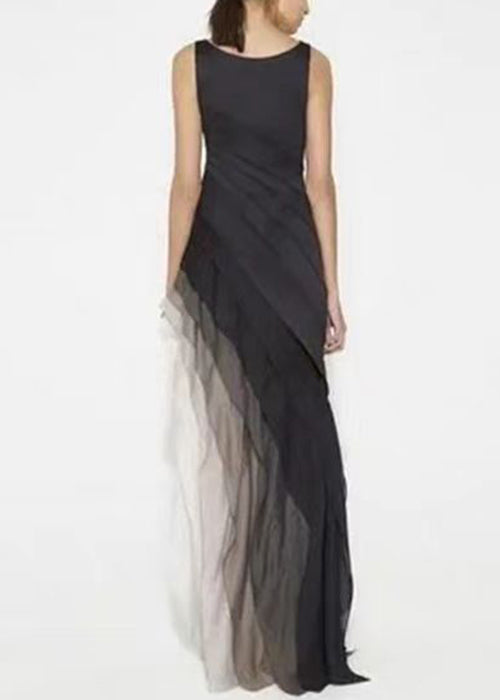 CM | Francés Negro Cintura Alta Patchwork Tul Maxi Vestidos Verano